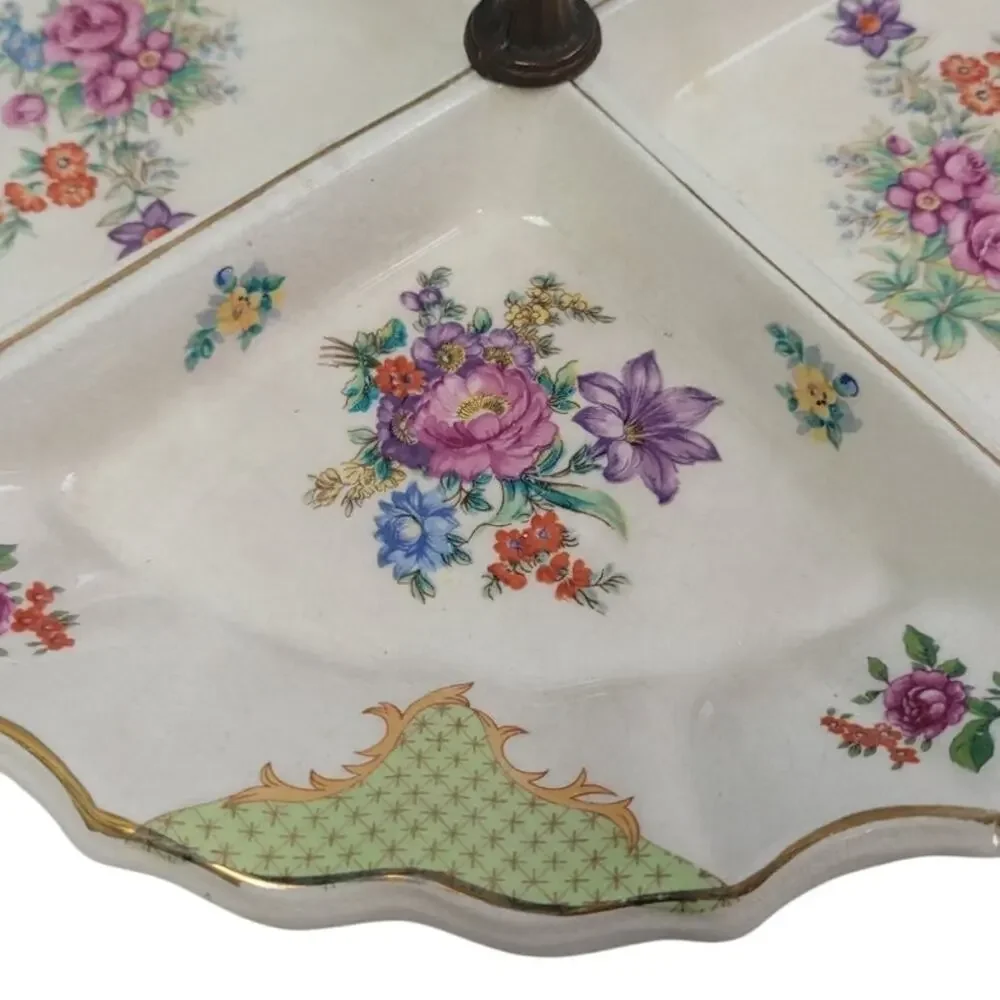 Vintage Made In Japan Floral Fine China Hand Painted Divided Plate Dish w Handle